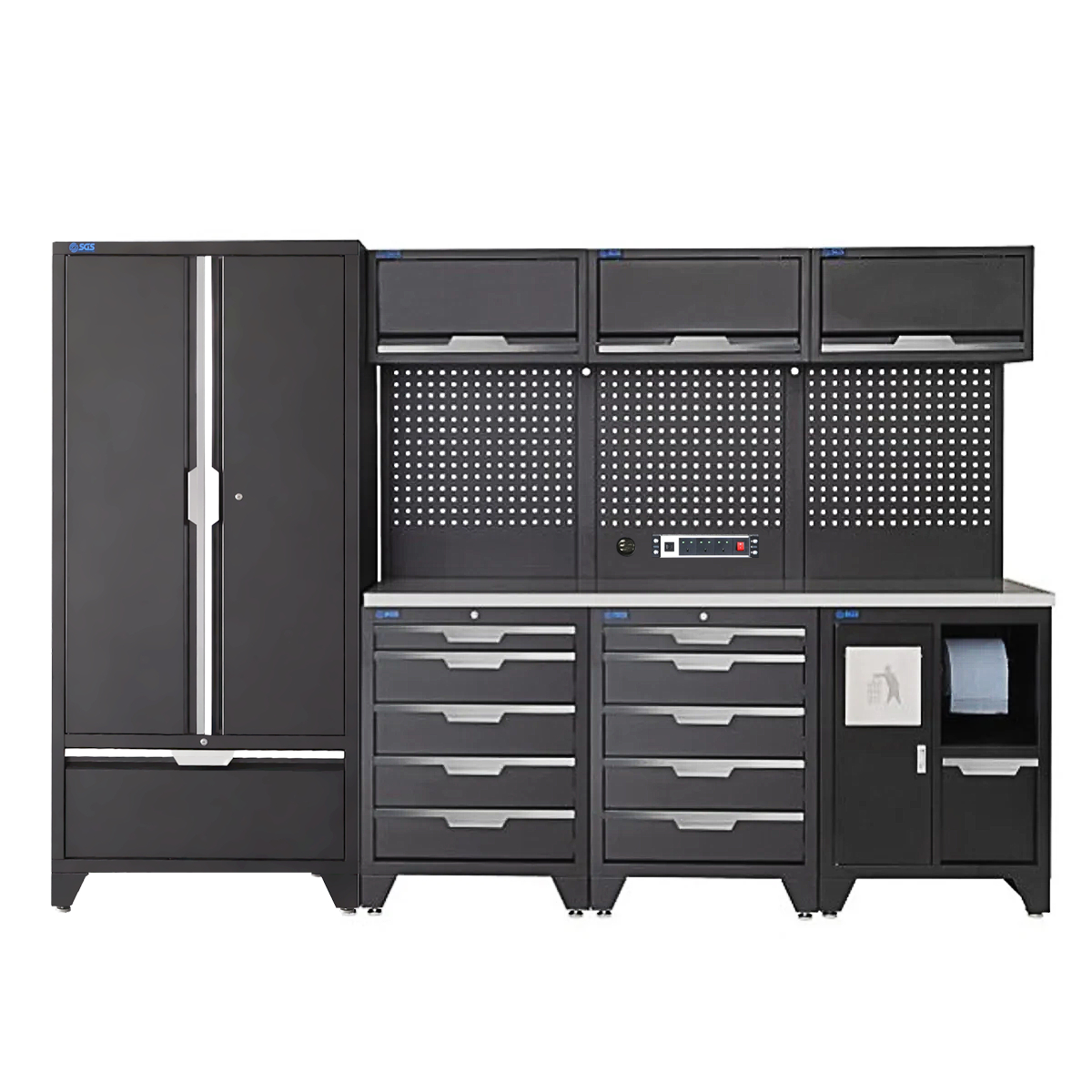 SGS 10pc Modular Garage Storage | 10 Drawers | Stainless Steel Worktop | Tall Double Cabinet with Drawer | Bin Unit | 3x Upper Cabinets | Pegboard with Power Strip